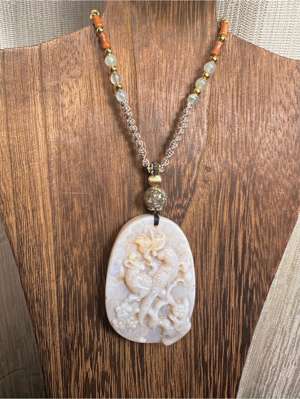 Coral Fossil Birds Pendant with Ocean Jasper on Adjustable Rope - Picture 11 of 15